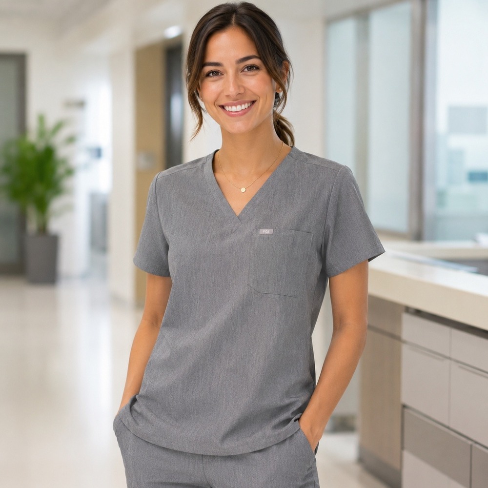 FIGS scrubs V-Neck Short Sleeve Shirt in Gray